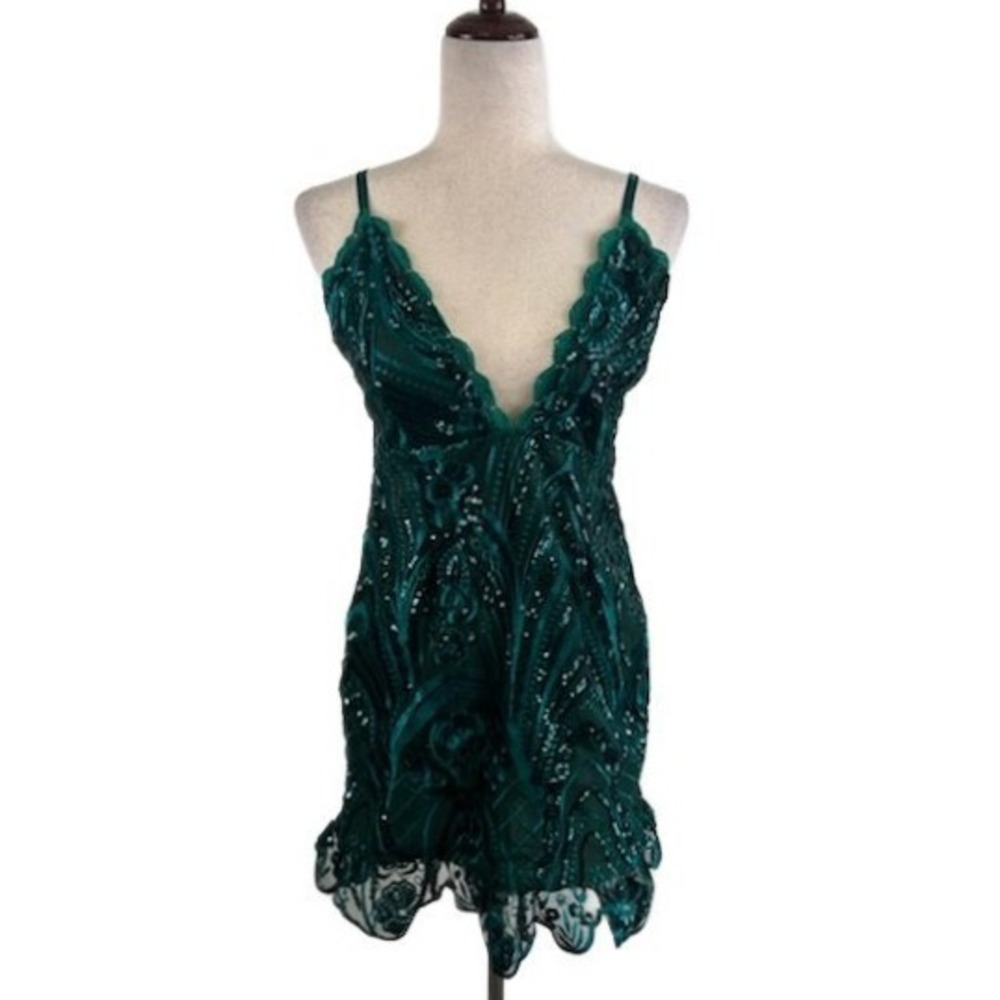 New PrettyLittleThing Mini Dress Emerald Green Sequin Lace Party Cocktail 8